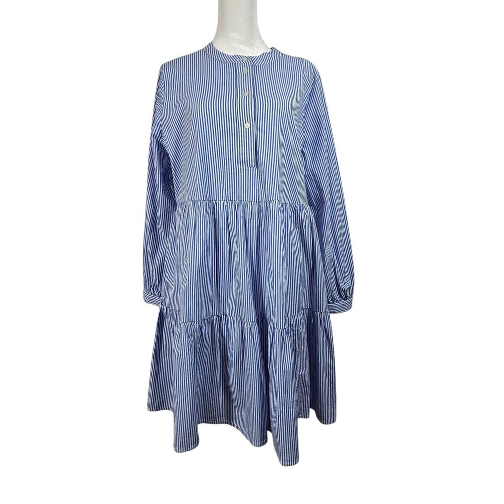 J Crew Dress Striped Stretch Cotton Poplin Tiered Blue Stripe size Medium NWOT